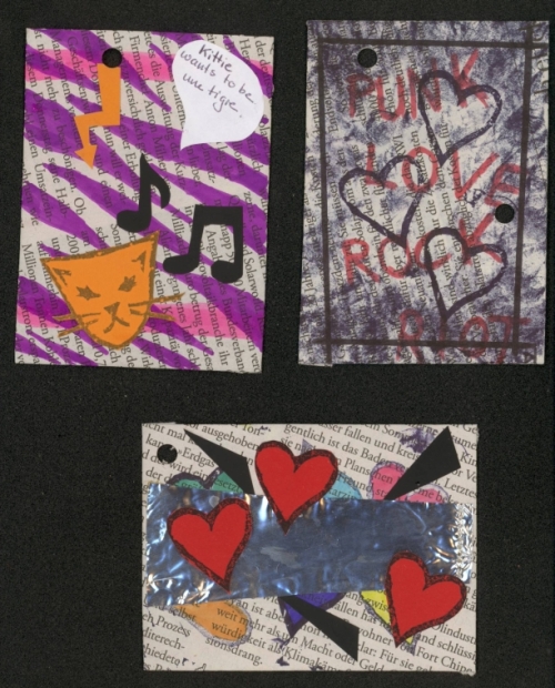 top left: Kitty wants to be une tigre (her french is not very good),  top right: Punk Love Rock Riot (what else do you need more? this ATC is not finished yet; I want to attach a beer bottle cap to it),  bottom: punk at love